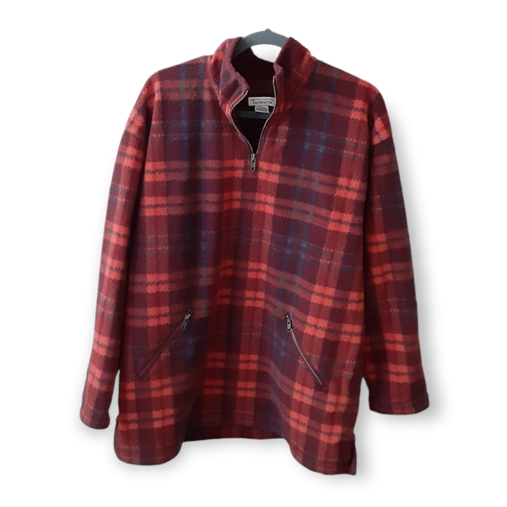 Talbots Red and Navy Plaid Half-Zip Sweatshirt